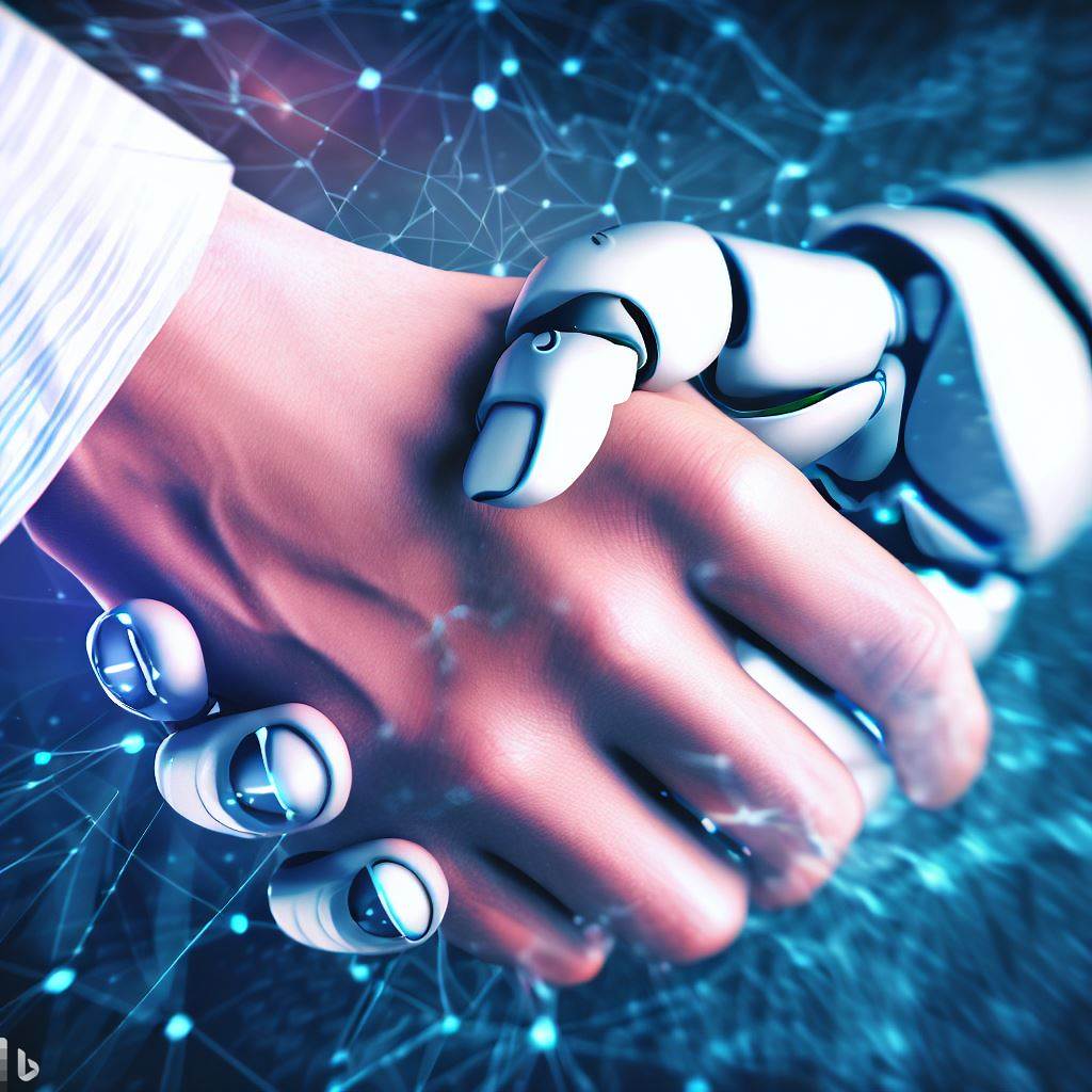 La mano tesa verso l'alto di un essere umano si unisce in una stretta con la mano metallica di un robot, simboleggiando la collaborazione e l'unione tra intelligenza umana e artificiale